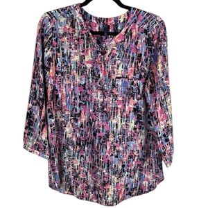 NYDJ Artsy Colourful Split Neck Henley Pullover Blouse Medium Multicolour
